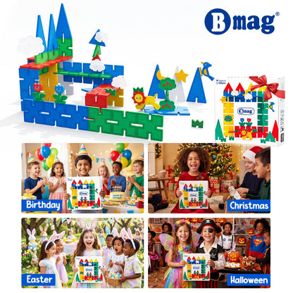 Bmag Magnetic Tiles 58PCS,Groove Interlocking Design Magnet Building Blocks with Lion, Sun,Cloud & Grass,STEM Toys for Toddlers 3+, Preschool Learning Gift for Boys & Girls