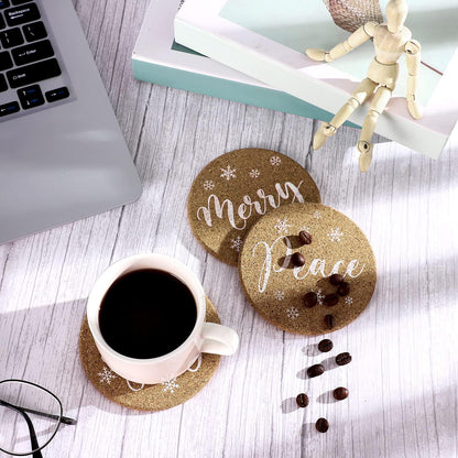 Patelai 6 Pieces Christmas Coasters Christmas Cork Coaster 4 Inch Round Shaped Farmhouse Coasters Heat-resistant Cup Mat Peace Joy Noel Printed Coasters for Drink, Cup, Mugs Living Bedroom Party Decor