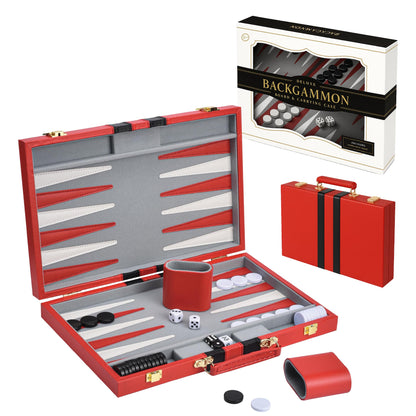 Premium Backgammon 18 Inches Large Red - Backgammon Sets for Adults and Kids - Leatherette Back Gammon Board Game Set - Travel Backgammon Set Board Encased with Accessories