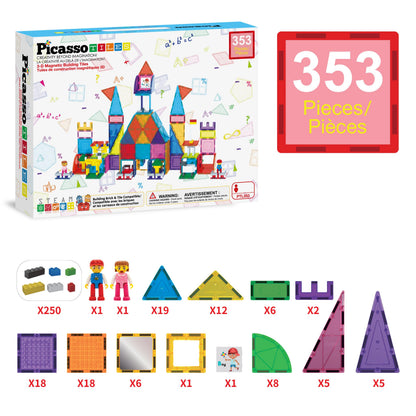 PicassoTiles 353pc Magnetic Brick and Magnet Tile Combo Set with Action Figures STEM Building Block Educational Construction Kit Preschool Classroom Toy Learning Activities for Kids Age 3 Plus PTL353