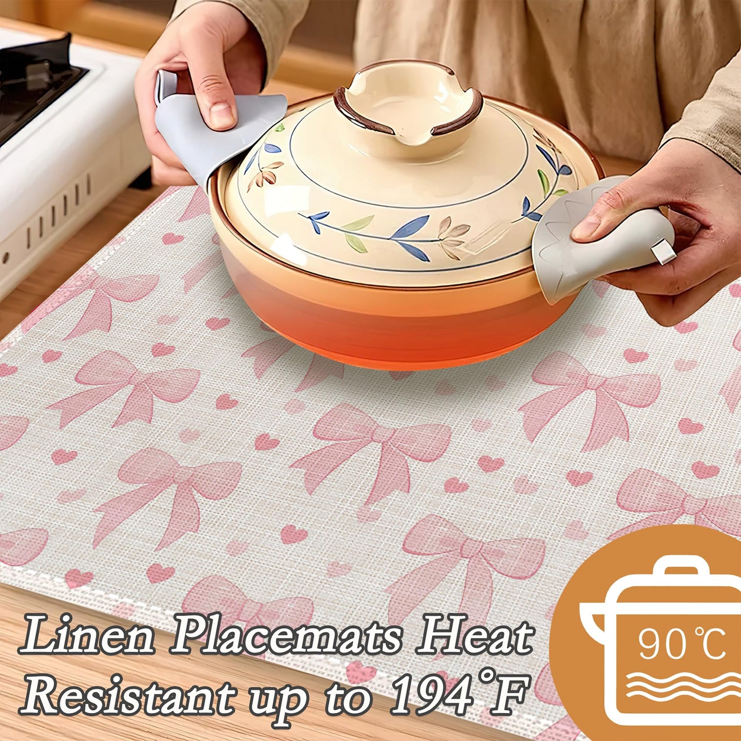 Placemats Set of 6,Cute Pink Bow Heart Heat Resistant Kitchen Table Mats for Indoor and Outdoor,Washable Wipe Clean Dining Placemat 12 x 18 Inches