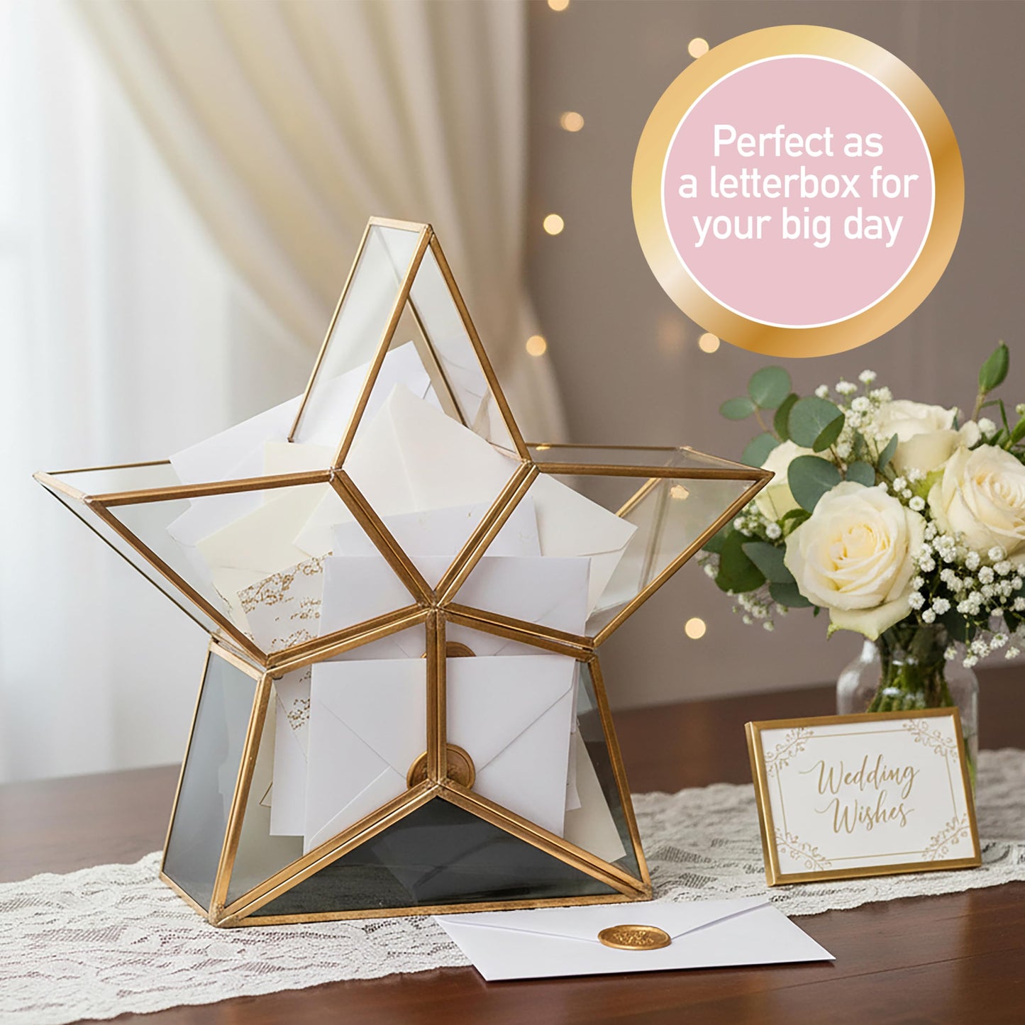 Gold Star Glass Centerpiece Display (3x8x8) - Tabletop Planter Terrarium - Spring Home & Wedding Decor - Fill with Succulents, Cacti, Air Plants, Moss, Flowers for Plant Lovers