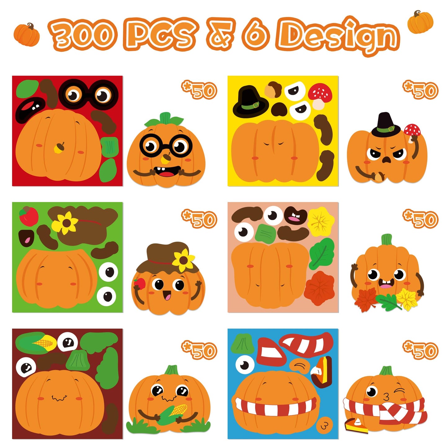 Haooryx Fall Pumpkin Stickers Roll - 300pcs Make Your Own Halloween Pumpkin Make A Face Waterproof Vinyl Reusable Laptop Stickers Scrapbook Water Bottle Page Activity Pad Autumn Party Favor Skateboard