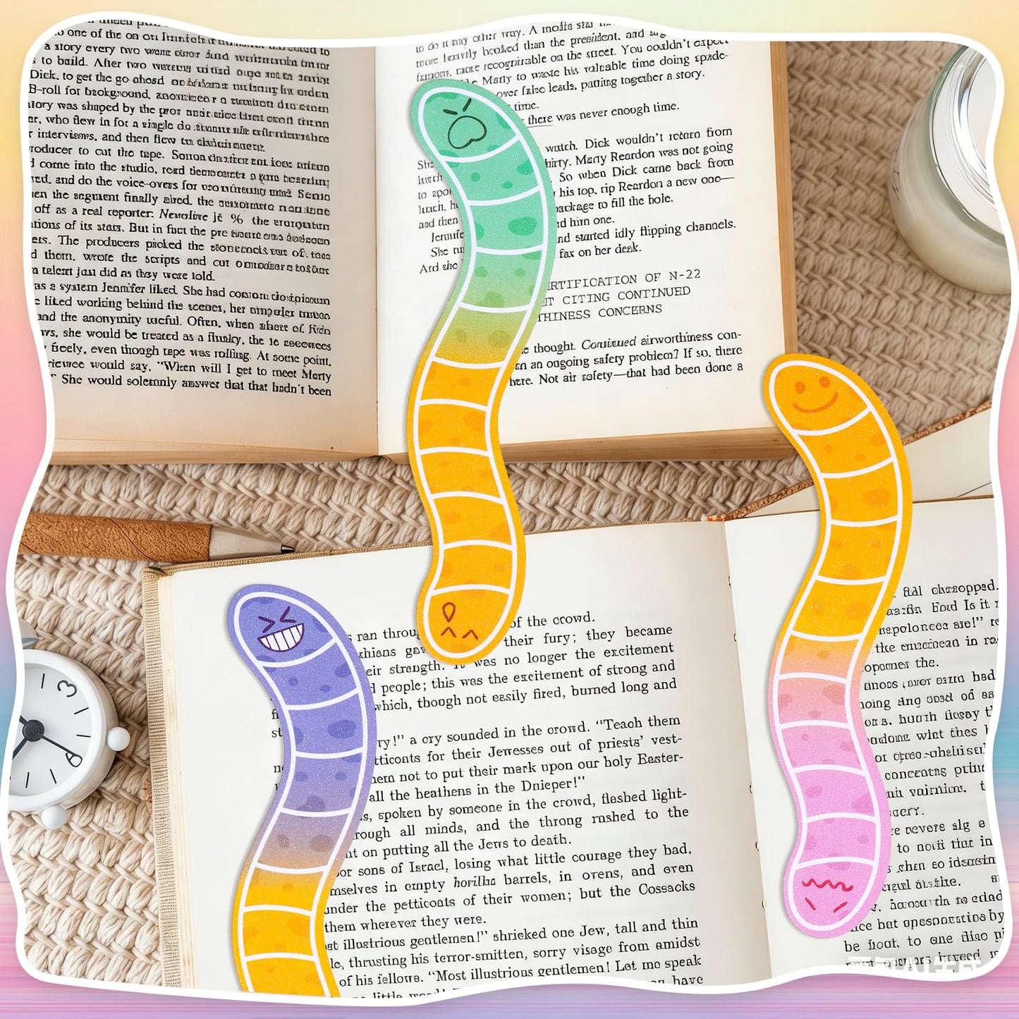 HCEWSBFD 120 Pcs Worm Bookmarks Bulk Cute Holographic Glitter Gummy Worm Bookmarks Cute Book Marks for Writers Readers Classroom Rewards, Student Rewards, Bookish Bulk Supplies for Teachers
