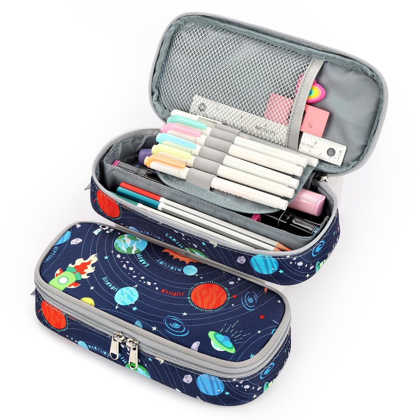 mibasies Boys Pencil Case for Kids, Multi-Slot Pencil Pouch, Galaxy LightGray
