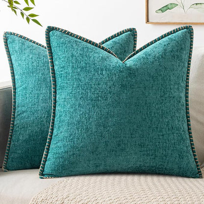 MIULEE Pack of 2 Couch Throw Pillow Covers 18x18 Inch Teal Farmhouse Decorative Pillow Covers with Stitched Edge Soft Chenille Solid Dyed Summer Pillow Covers for Sofa Bed Living Room