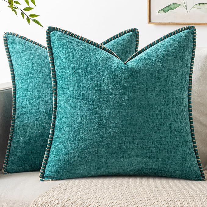 MIULEE Pack of 2 Couch Throw Pillow Covers 20x20 Inch Teal Farmhouse Decorative Pillow Covers with Stitched Edge Soft Chenille Solid Dyed Summer Pillow Covers for Sofa Bed Living Room