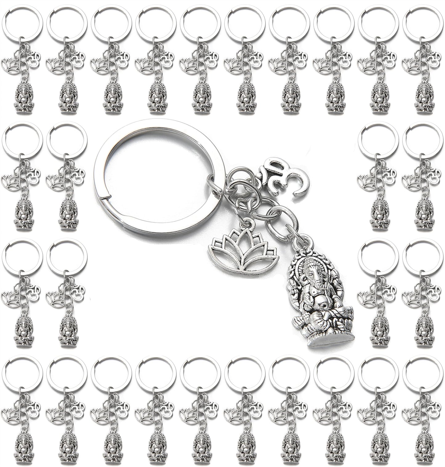 PHAETON 20PCS Ganesha Keychain with Lotus Charm Buddha Key Ring Key Holder Buddha Keychain, God Of Wealth Elephant Keychain for Festive Occasions, 3.18inch, Silver