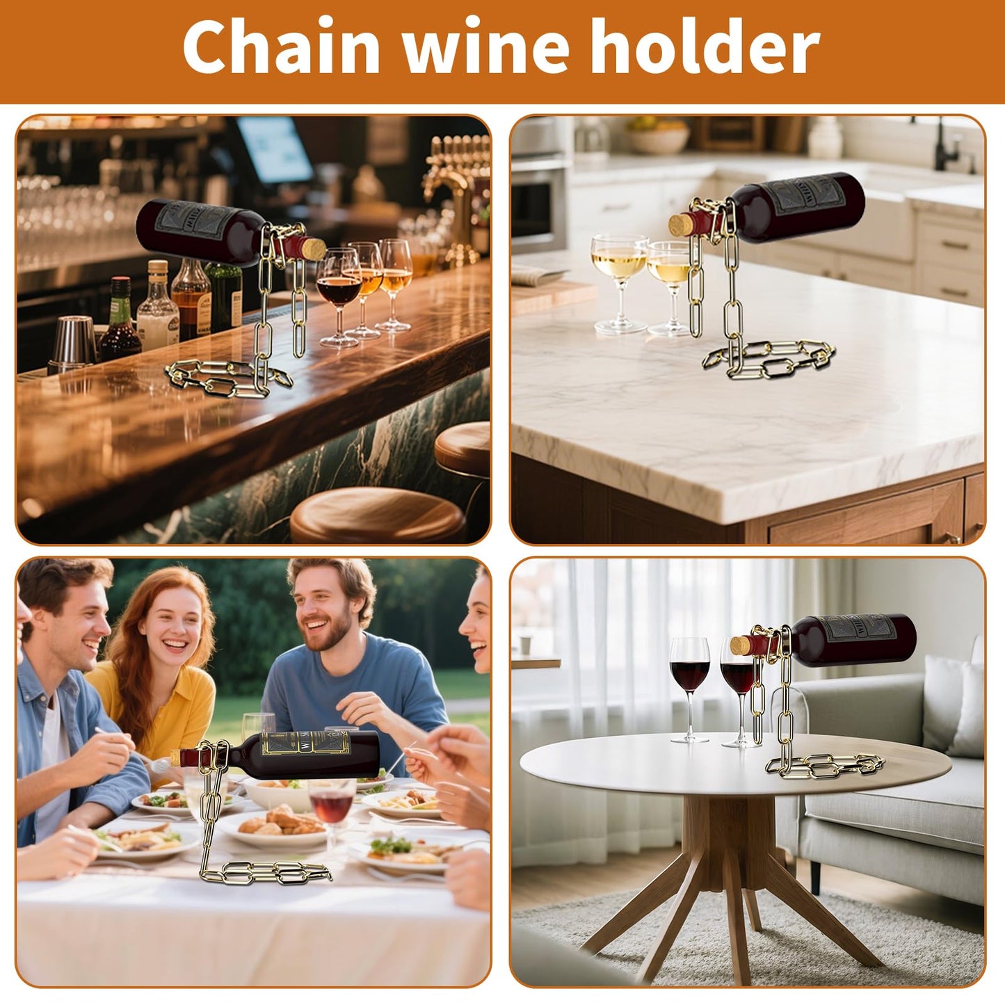 TBWHL Novelty Magic Wine Bottle Holder Floating Steel Link Chain Wine Bottle Rack/Holder - Holds Bottles in The Air, Unique Levitating Wine Bottle Stand for Home Bar, Kitchen, or Party Deco（Gold）