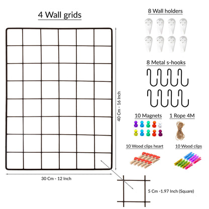 ODOXIA 4-Pack Wire Wall Grid Panel | Photo Grid Wall Decor | Metal Board for Hanging Pictures | Black Wire Organizer for Home, Office & Kitchen | Panel for Display & Storage