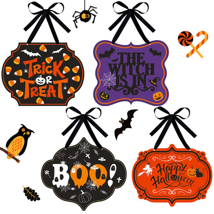4 Pcs Halloween Felt Hanging Signs for Wreaths Happy Halloween Door Decorations Trick or Treat Wall Plaque Signs Pumpkin Witch Ghost Black Cat Bat Wall Decor Halloween Welcome Signs(Funny Style)