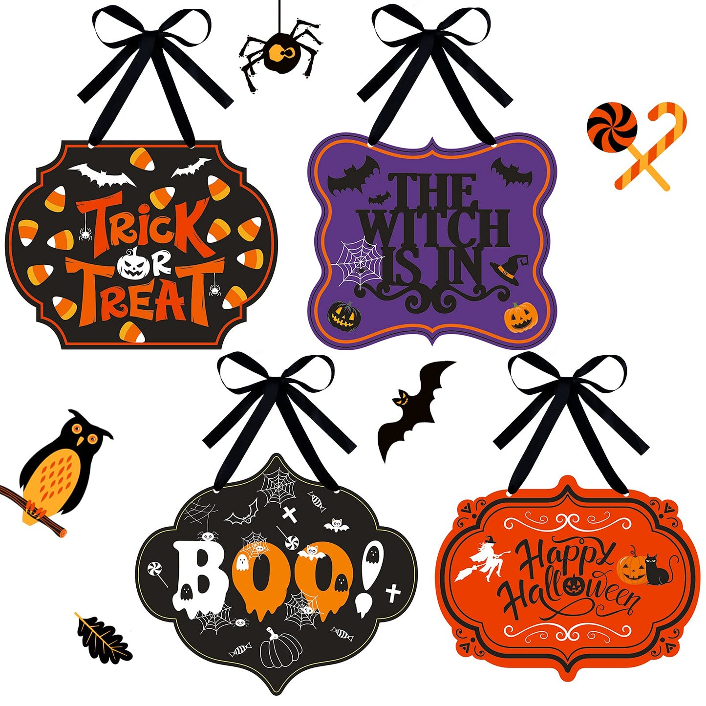 4 Pcs Halloween Felt Hanging Signs for Wreaths Happy Halloween Door Decorations Trick or Treat Wall Plaque Signs Pumpkin Witch Ghost Black Cat Bat Wall Decor Halloween Welcome Signs(Funny Style)