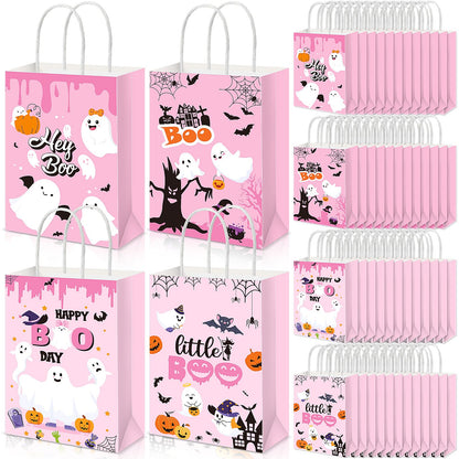Kolldenn 48 Pink Halloween Snack Bags with Handle Hey Boo Treat Bags Bulk Pink Party Favors for Halloween Parties & Decor