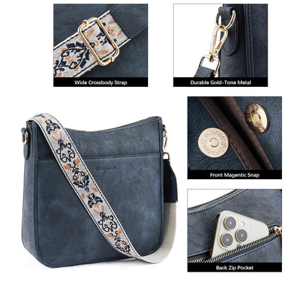 BOSTANTEN Crossbody Bags for Women Trendy Vegan Leather Hobo Purses Shoulder Handbags With Wide Shoulder Strap Navy Blue