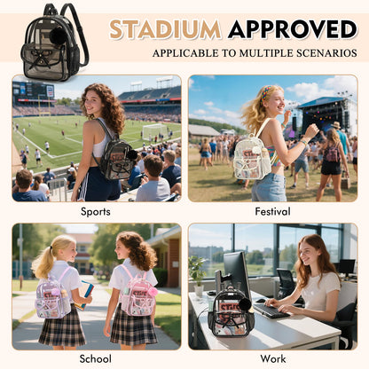 ASKSKY Clear Backpack for Stadium Events 12x12x6, Thick PVC Small Clear Bag with Leather Trim Fashion Women Backpack for Concerts, Sports, Festivals, Work, Travel-Black