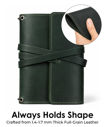 Leather Journal Cover – Refillable A5 Notebook Cover (5.8" x 8.3") with 3 Elastic Bands for Multiple Inserts, Genuine Leather Travel Diary Case with Pockets & Pen Holder Green (Inserts Not Included)