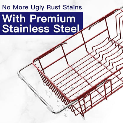 MAJALiS Red Dish Drying Rack Over The Sink with Utensil Holder, Mat | Expandable Stainless Steel Dish Drainer for Small Kitchen, Apartment, RV, Counter Space Saving, Perfect Fit, Rustproof