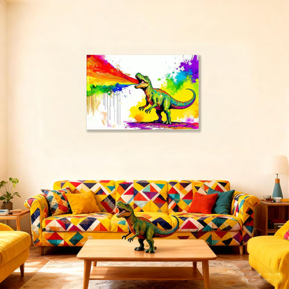 16x24 Graffiti Wall Art Colorful T-Rex Spitting Rainbow Fire Framed Canvas Dianosaur Prints Decor Pop Cartoon Picture Kids Nursey Bathroom Pictures Teen Boys Bedroom Child Funny Animals Posters