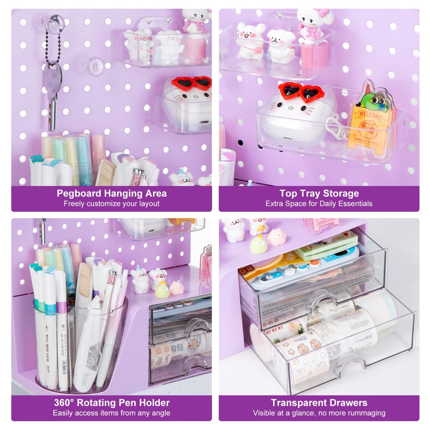 Comix Desk Organizer with Drawer, 360° Rotating Pen Holder for Desk, Pen Organizer with 5 Slots Pencil Holder+Pegboard+2 Drawer for Office Home Art Supplies (Purple)