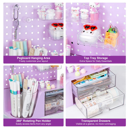 Comix Desk Organizer with Drawer, 360° Rotating Pen Holder for Desk, Pen Organizer with 5 Slots Pencil Holder+Pegboard+2 Drawer for Office Home Art Supplies (Purple)
