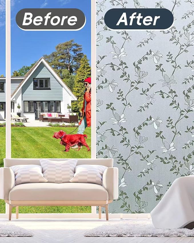 Frosted Glass Window Film with Elegant Flower Design, Bathroom Window Privacy Film for Glass Windows Cover, Static Cling, Removable, Reusable, Anti-UV, Anti-Glare, 29.5 Inch * 78.74 Inch