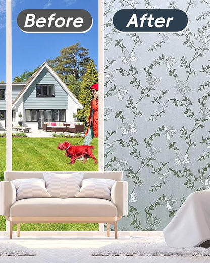 Frosted Glass Window Film with Elegant Flower Design, Bathroom Window Privacy Film for Glass Windows Cover, Static Cling, Removable, Reusable, Anti-UV, Anti-Glare, 35.4 Inch * 78.74 Inch