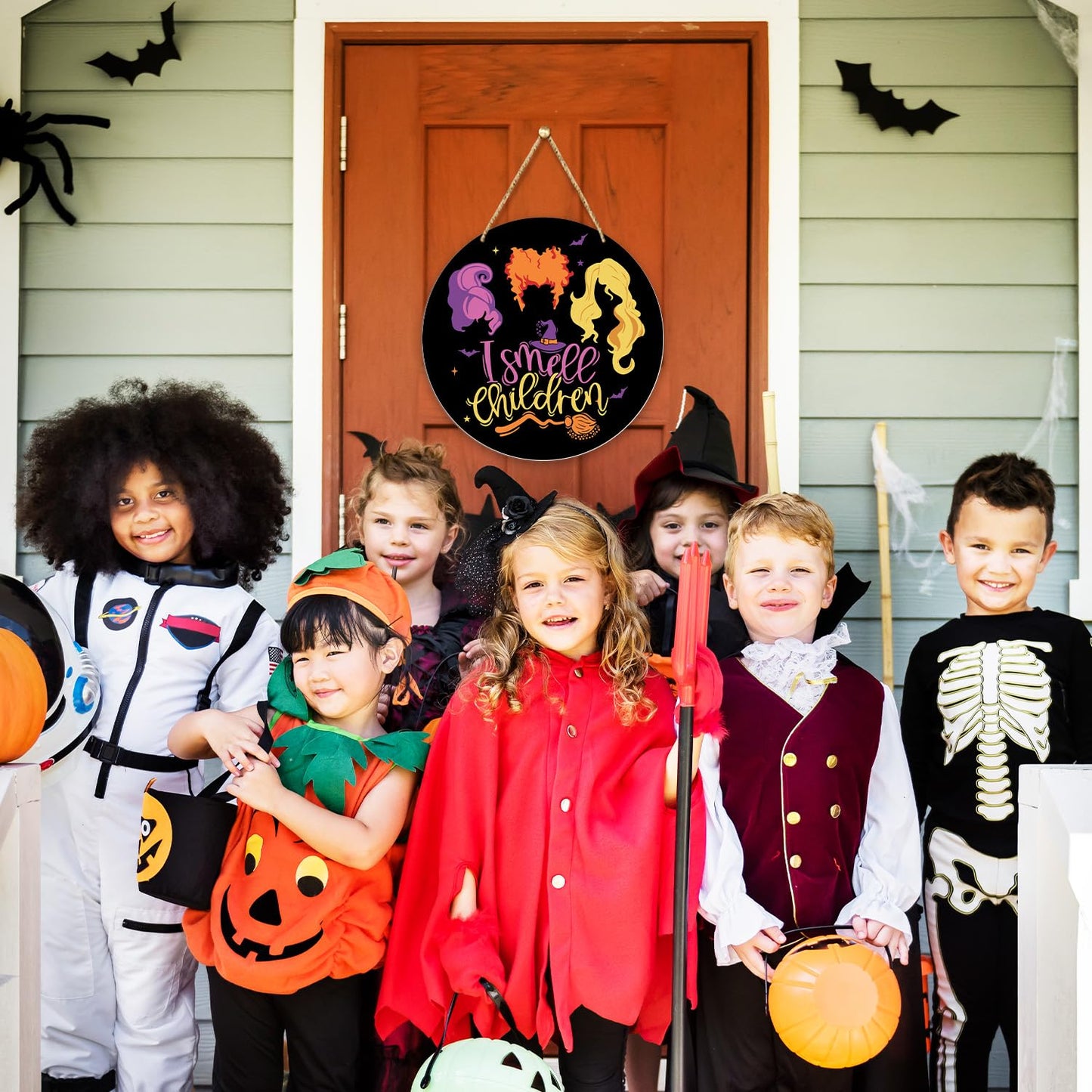 Witches Halloween Decorations For Home - I Smell Children, Welcome Sign for Front Door, Home Outside Inside Decor Wood Sign, Haunted House Halloween Party Wall Door Wreath/04
