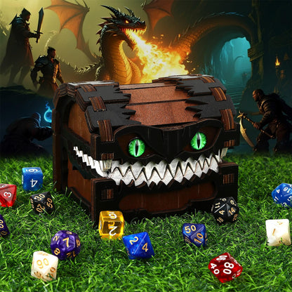 JULEASEL Mimic Dice Box – Wooden Monster Treasure Chest with Teeth & Green Eyes, Halloween Desk Decor Creepy Box, Funny Dice Storage for Tabletop RPG & Fantasy Games (Grimjaw)
