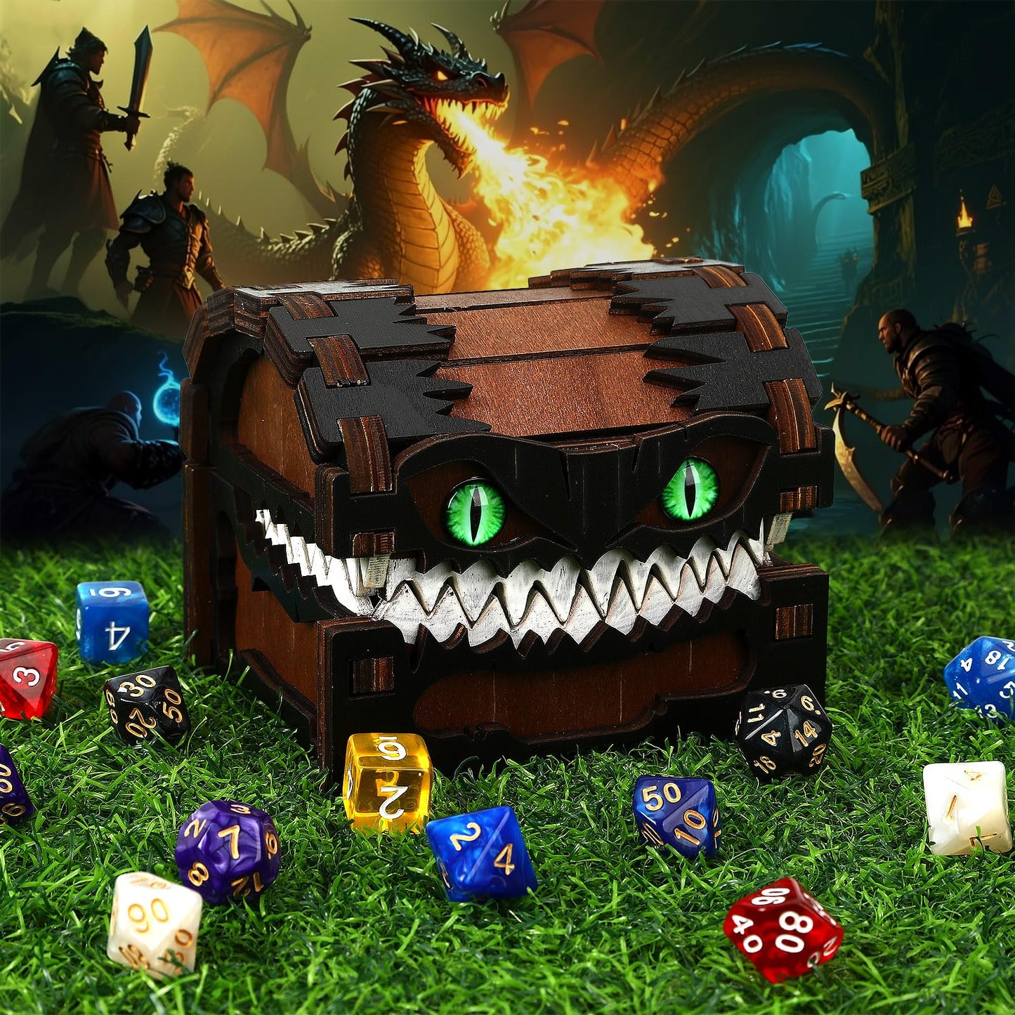JULEASEL Mimic Dice Box – Wooden Monster Treasure Chest with Teeth & Green Eyes, Halloween Desk Decor Creepy Box, Funny Dice Storage for Tabletop RPG & Fantasy Games (Grimjaw)