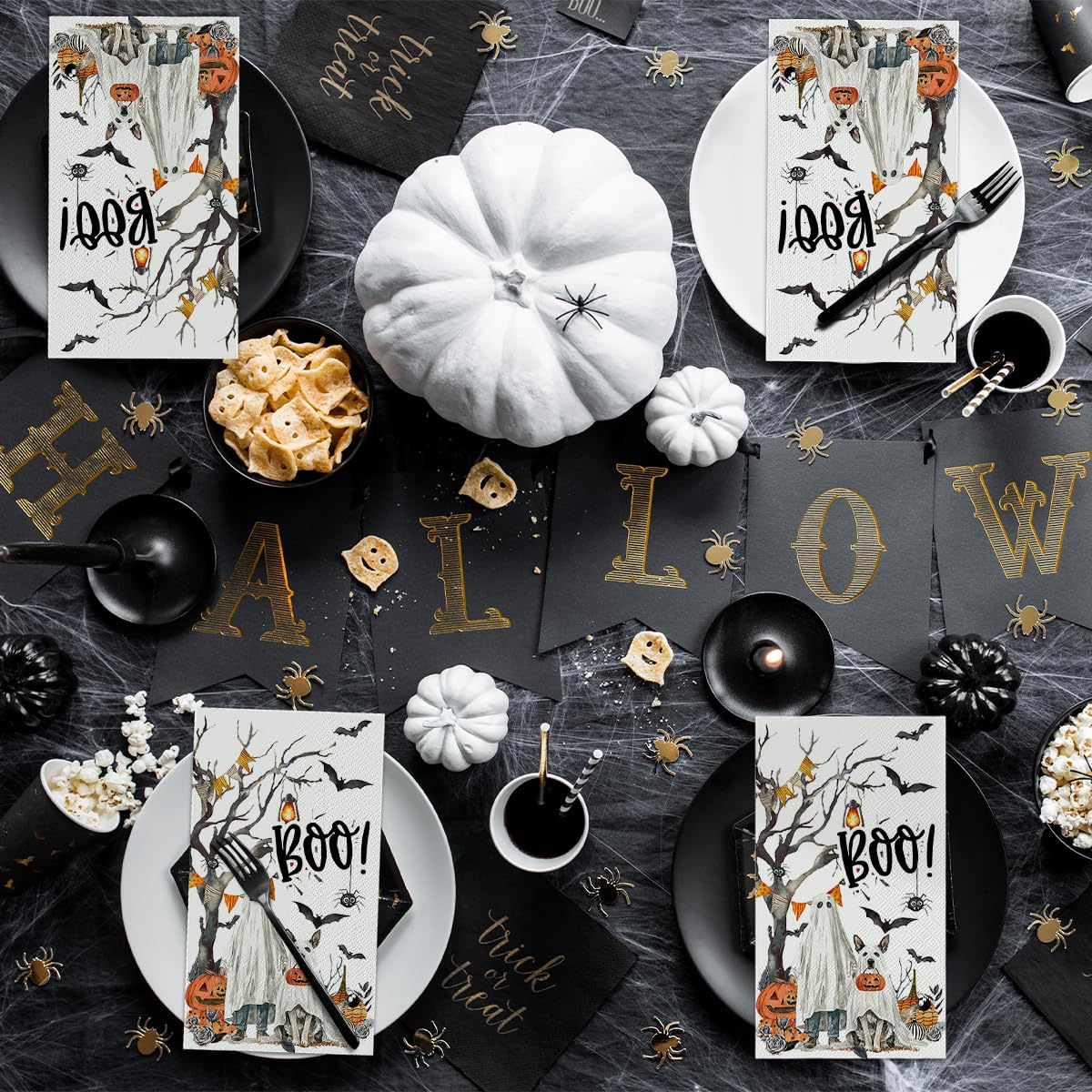 Horaldaily 100 Halloween Disposable Paper Decorative Guest Napkins, Jack-O-Lantern Pumpkin Cobweb Ghost Bats Dog Hand Towel for Party Lunch Dinner Kitchen Bathroom