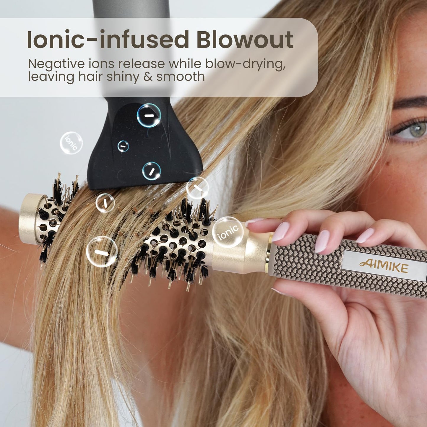 AIMIKE Round Brush for Blow Out, Medium Round Hair Brush Nano Thermal Ceramic & Ionic Tech, for Blow Drying & Styling, Curling and Shine - 2.9 inch Barrel w/Boar Bristles