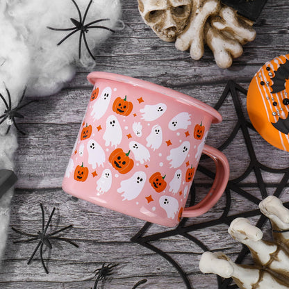 JarThenaAMCS 2 Pcs Halloween Coffee Mug Boo Ghost Pumpkin Enamel Cups with Handle Pink Drinking Mugs for Trick or Treat Birthday Holiday Party Gifts, 12 Oz