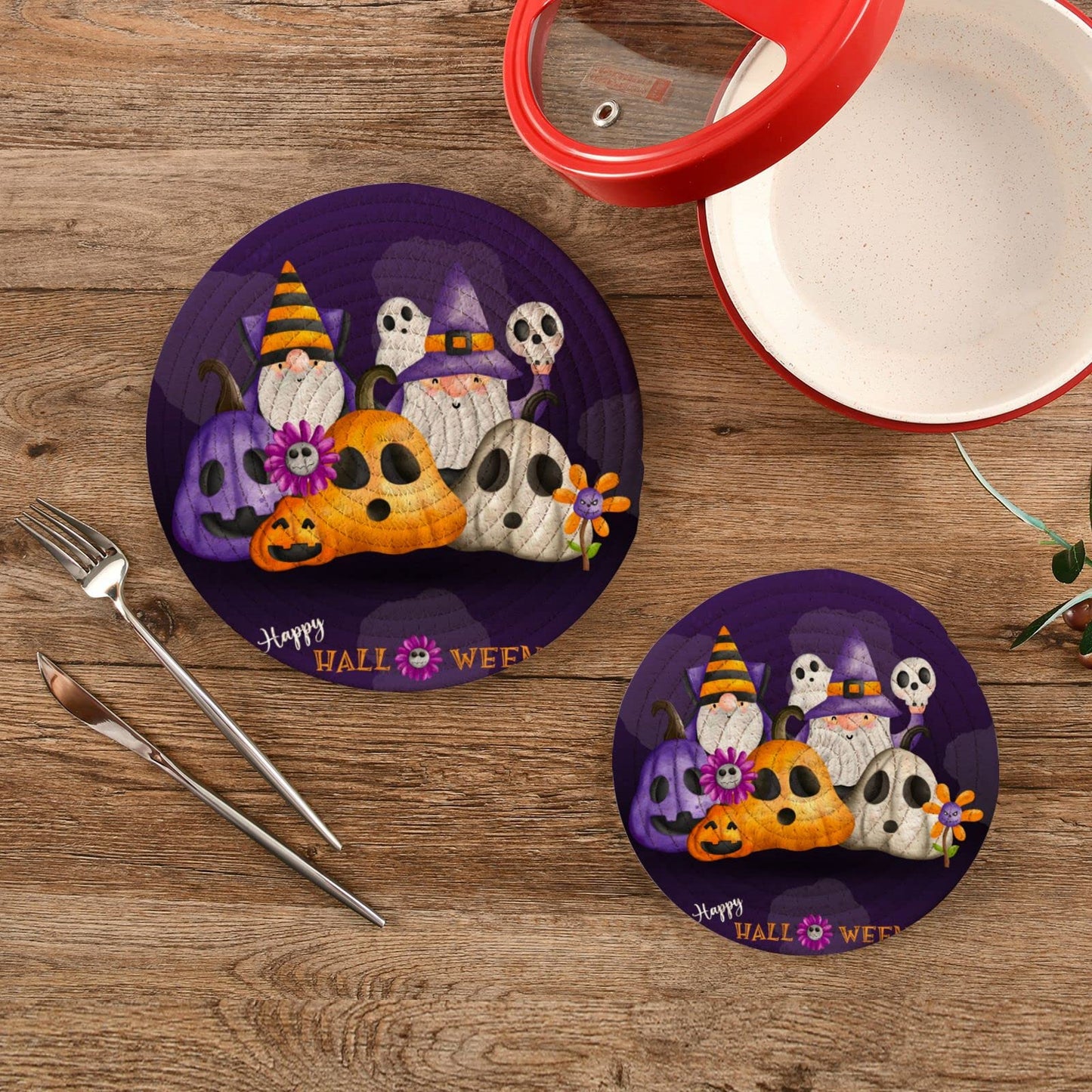 Moudou Halloween Gnome Trivet Pot Holder Set of 2, Heat Resistant Round Potholders Coasters Pad for Kitchen, Hot Pot and Pan