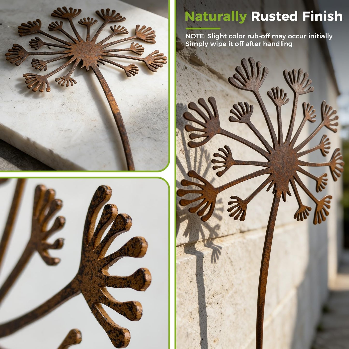 KODIBO 5-Pack Garden Stakes Decorative, Metal Dandelion Yard Stakes Outdoor Decor, Antique Rust Patina Yard Art, Rustic Garden Accents for Lawn, Border, Planters, Patio & Front Yard Landscaping