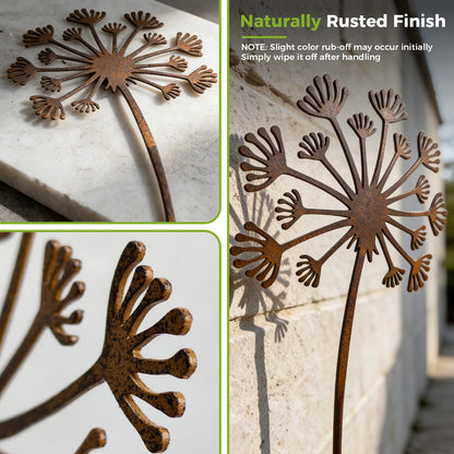 KODIBO 5-Pack Garden Stakes Decorative, Metal Dandelion Yard Stakes Outdoor Decor, Antique Rust Patina Yard Art, Rustic Garden Accents for Lawn, Border, Planters, Patio & Front Yard Landscaping