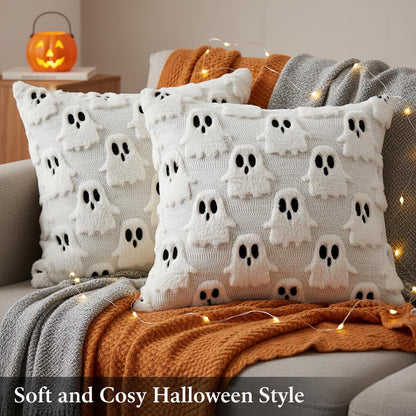zmzdp 2PCS Halloween Pillow Covers, 18x18 inch White Ghost Throw Pillow Covers, Faux Fur Soft Couch Cushion Case, Fluffy Plush Accent Throw Pillow Case for Halloween Home Decor Indoor