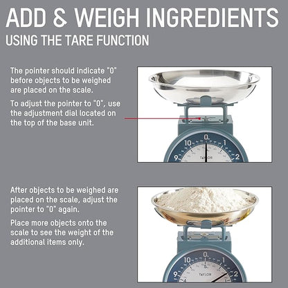 Taylor Mechanical Kitchen Weighing Food Scale with Bowl, Weighs up to 11lbs, Measures in Grams and Ounces, Food Scales for Kitchen, Storm Blue