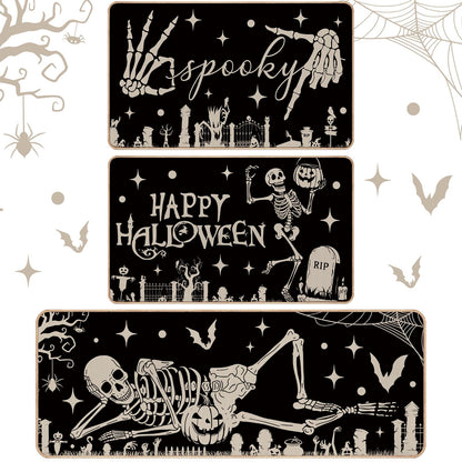 Drydiet 3 Pcs Halloween Kitchen Mats and Rugs Sets Spooky Skeleton Kitchen Floor Door Mat Non Slip Washable Gothic Runner Rug Halloween Decorations for Home Laundry Room Sink Holiday Party Decor