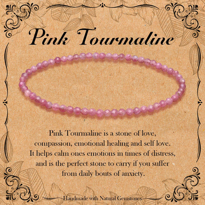 BONNY BOXX Natural Genuine Gemstone Faceted Round Beads Bracelets, 3mm Adjustable Stretchy Tiny Faceted Pink Tourmaline Bracelet, Healing Crystal Reiki Chakra Dainty Jewelry Fashion Gifts