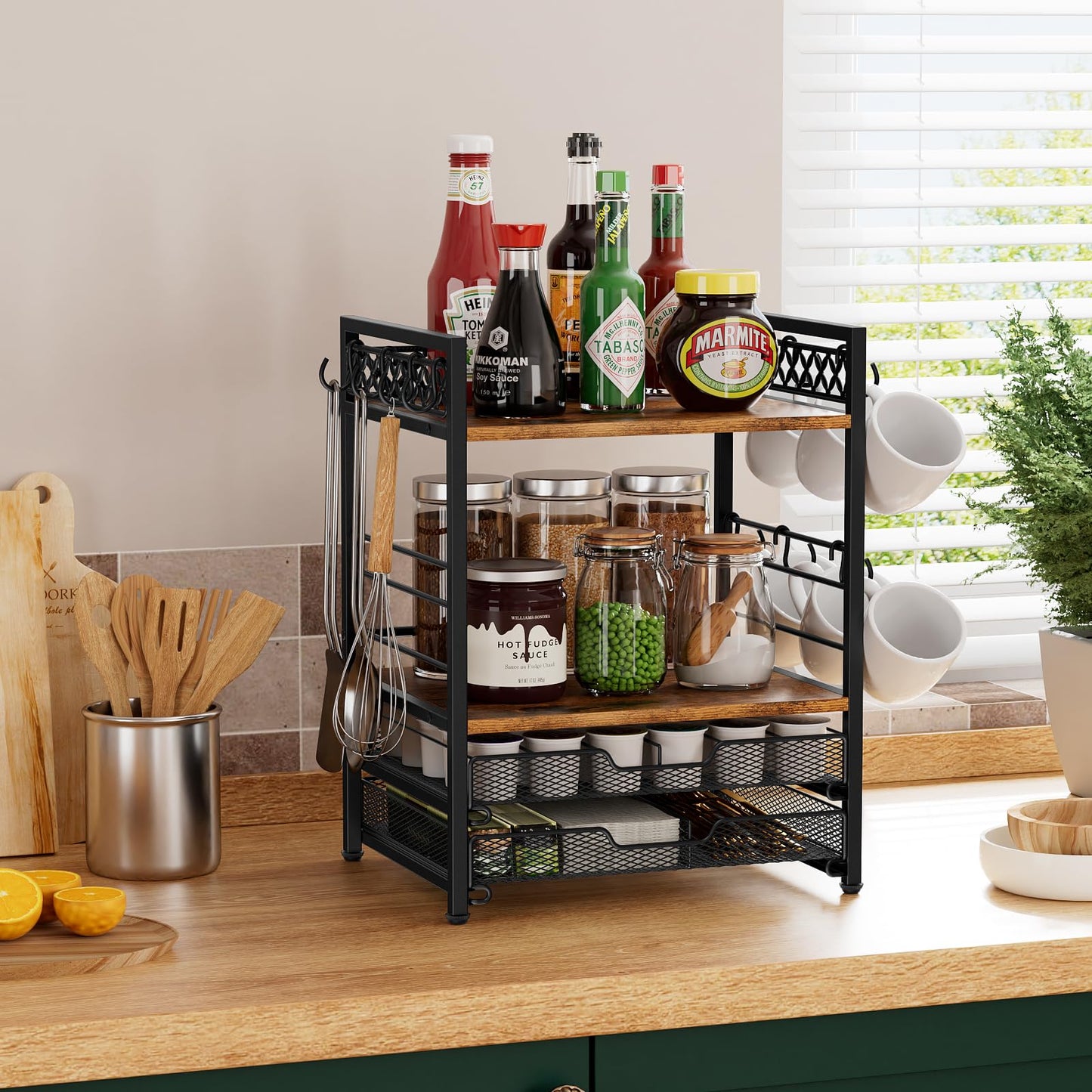Plaviya Coffee Bar Station Organizer, 4 Tier K Cup Organizer Mug Holder with 12 Hooks, Coffee Pod Holder, Multifunctional Countertop Organizer for Kitchen