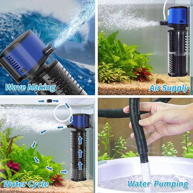 TARARIUM Aquarium Filter 260GPH for 30-75 Gallon Fish Tank, Biochemical Quiet Submersible Internal Filtration Powerful Pump Air Supply Wave Maker 4 in 1, Saltwater & Freshwater Crystal Clear