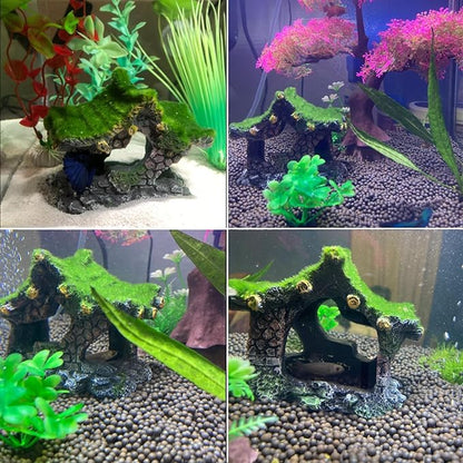 Tfwadmx Aquarium Decoration House Resin Hollow Hideout House,Small Betta Fish Hide Accessories Cave Ornament Tank Small Fish Shrimp Hideaway with Moss