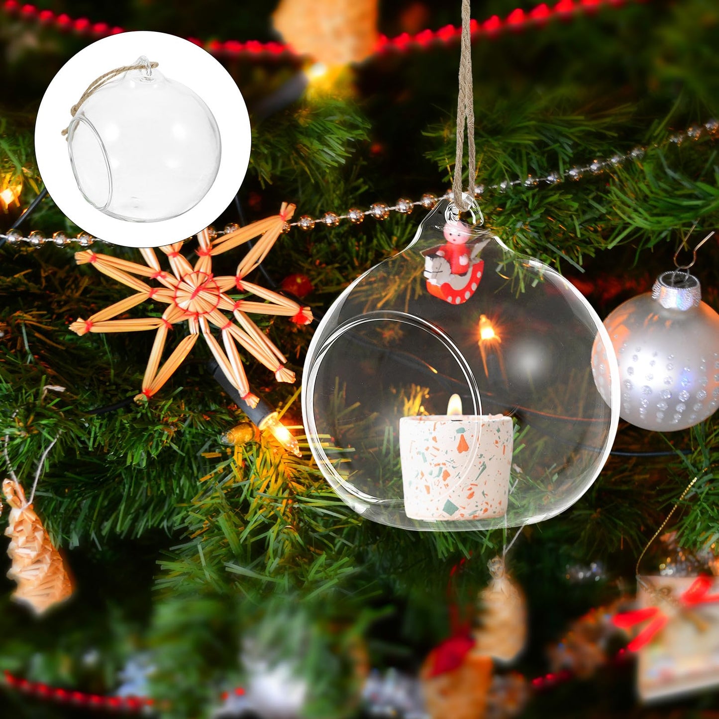 Zerodeko 5pcs Hanging Glass Bauble Candle Holders with 8cm Opening and 1.2m Jute Rope, Sphere Tea Light Holders for Indoor Plant Terrariums and Home Décor