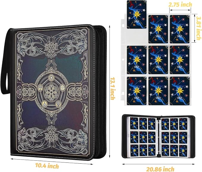 720 Pockets Round Ring Trading Card Binder, 9-Pocket Clear Zipper Card Album with Wrist Strap, Holds 720 Standard TCG Cards Compatible with Sports Baseball Football Game Cards (Black Purple)