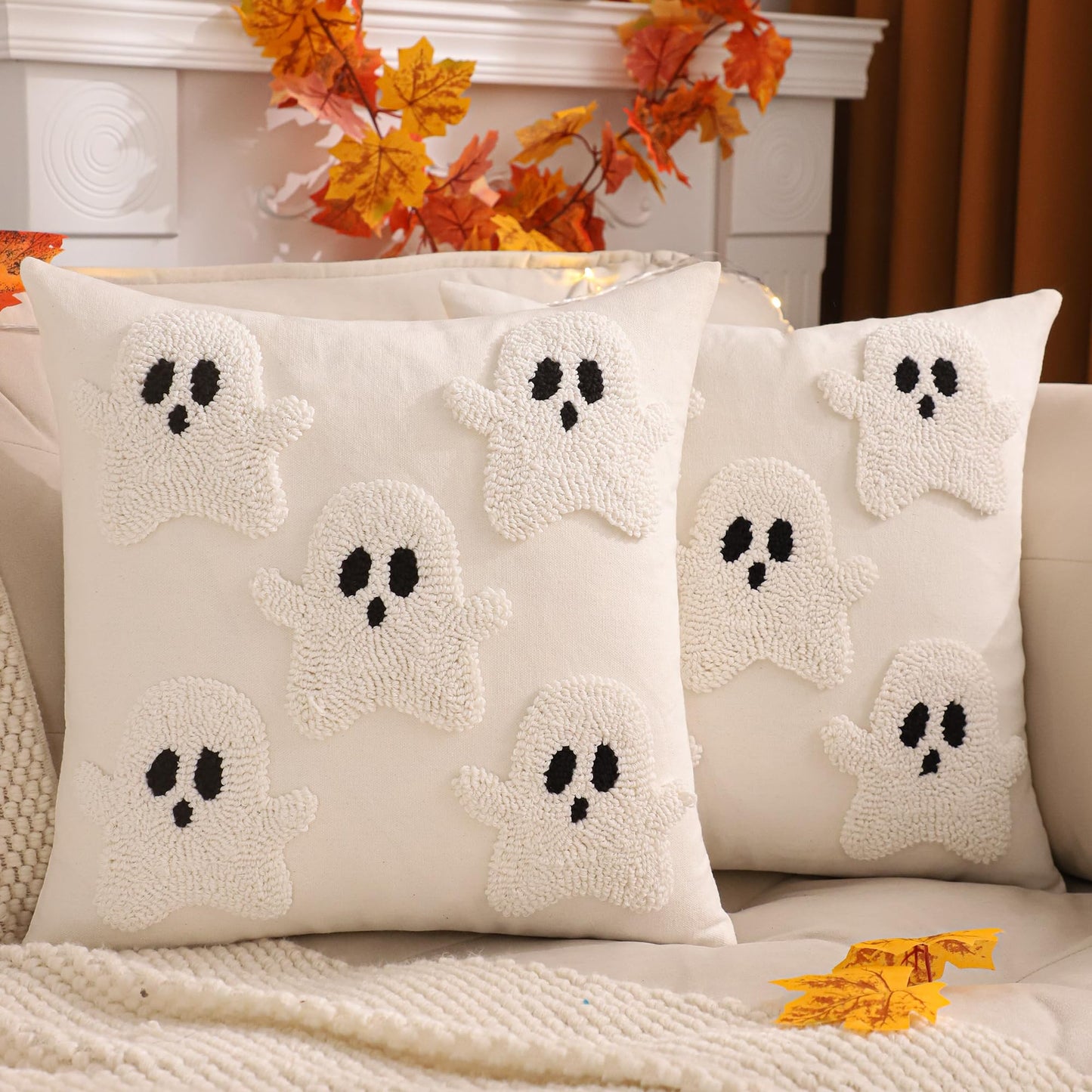 LUOYEHK Halloween Pillow Covers 18x18 Set of 2 Ghosts Decorative Throw Pillow Covers Holiday Canvas Embroidered Cushion Covers for Couch Sofa Bed Living Room