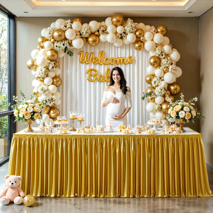 Wish Care 6ft Gold Satin Table Skirt for Rectangle Tables Wrinkle Free Glitter Desk Skirts Pleated Ruffle Table Cloth for Wedding Birthday Graduation Cocktail Party Buffet Display Table Decorations