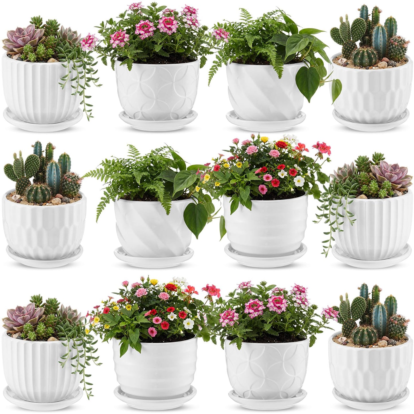 Maxdot 12 Set 4 Inch Ceramic Pots for Plants White Flower Pots with Drainage Holes Saucer Flower Planter for Indoor Outdoor Gardening Home Desktop Office Windowsill Decor