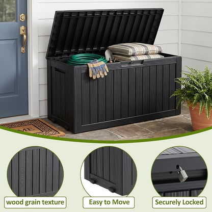 ROJIK 95 Gallon Outdoor Storage Box Waterproof,Weatherproof Deck Boxes Outdoor Lockable,Resin Outside Storage Box for Garden Tools,Cushions,Pool Accessories(Black)