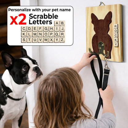 Boston Terrier Dog Leash Holder Wall Mount with Scrabble Letters, Wooden Dog Hook Organizer, Pet Collar and Harness Holder, Key and Leash Rack for Entryway, Gift for Pet Lovers, Home Decor PF297-15
