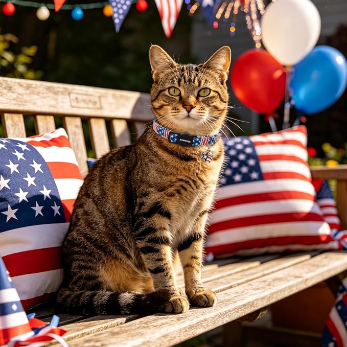 2 Pack Independence Cat Collars,Pink American Flag Cat Collar with Bell Breakaway Adjustable for 4th of July Independence Day，Adjustable Kitten Collar 7-12 Inch